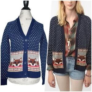 Navy Fox Pattern Cardigan Sweater